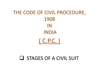 THE CODE OF CIVIL PROCEDURE,
1908
IN
INDIA
( C.P.C. )
 STAGES OF A CIVIL SUIT
 