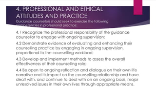 4. PROFESSIONAL AND ETHICAL
ATTITUDES AND PRACTICE
Guidance counsellors should seek to exercise the following
competencies in professional practice:
4.1 Recognize the professional responsibility of the guidance
counsellor to engage with ongoing supervision;
4.2 Demonstrate evidence of evaluating and enhancing their
counselling practice by engaging in ongoing supervision,
proportional to the counselling workload;
4.3 Develop and implement methods to assess the overall
effectiveness of their counselling role;
4.4 Be open to ongoing reflection and dialogue on their own life
narrative and its impact on the counselling relationship and have
dealt with, and continue to deal with on an ongoing basis, major
unresolved issues in their own lives through appropriate means.
 