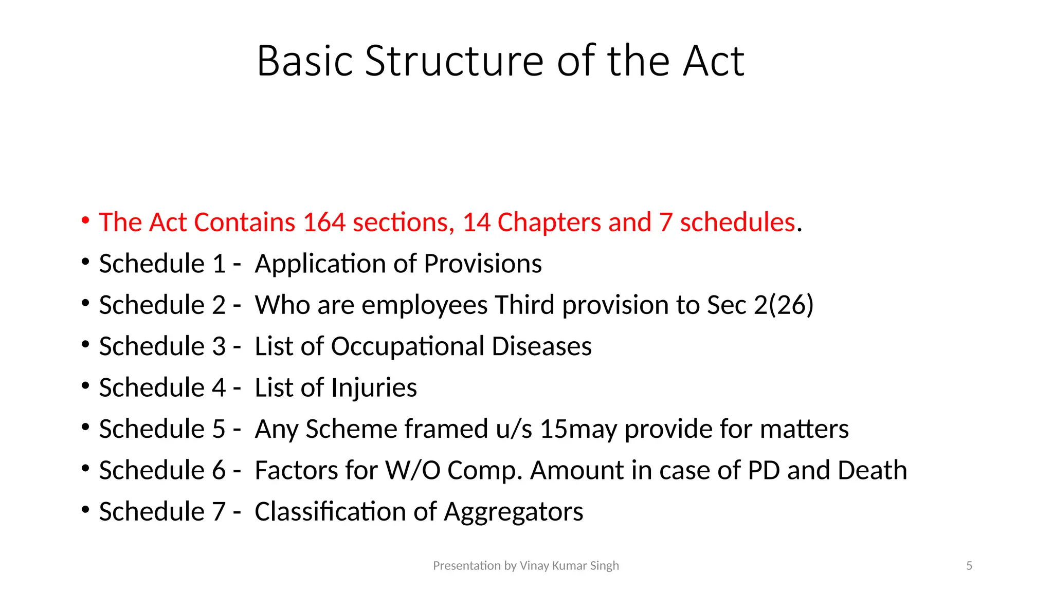Presentation by Vinay Kumar Singh 5
Basic Structure of the Act
• The Act Contains 164 sections, 14 Chapters and 7 schedules.
• Schedule 1 - Application of Provisions
• Schedule 2 - Who are employees Third provision to Sec 2(26)
• Schedule 3 - List of Occupational Diseases
• Schedule 4 - List of Injuries
• Schedule 5 - Any Scheme framed u/s 15may provide for matters
• Schedule 6 - Factors for W/O Comp. Amount in case of PD and Death
• Schedule 7 - Classification of Aggregators
 
