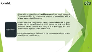 Contd.
19
•If in any AY, an establishment in public sector sells any goods produced
/ manufactured by it / renders any services, in competition with a
private sector establishment and
•Income from such sale / services / both, is not less than 20% of gross
income of the establishment in public sector for that year, then
provisions of this Chapter shall apply to it as they apply to a like
establishment in private sector for that year
•Nothing in this Chapter shall apply to the employees employed by any
establishment in public sector
Applicability
 