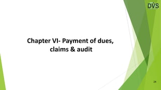 Chapter VI- Payment of dues,
claims & audit
24
 