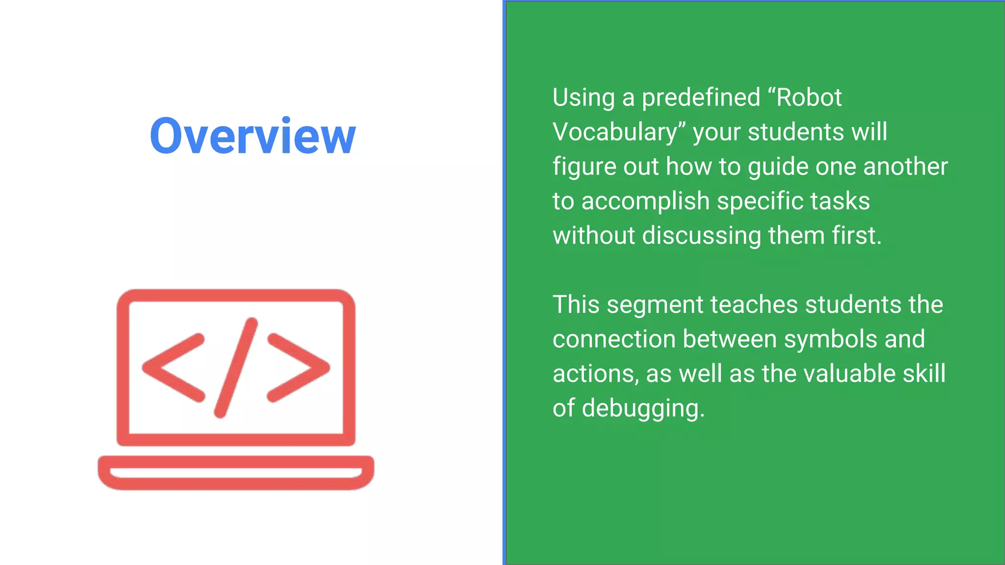 Confidential & ProprietaryConfidential & Proprietary
Overview
Using a predefined “Robot
Vocabulary” your students will
figure out how to guide one another
to accomplish specific tasks
without discussing them first.
This segment teaches students the
connection between symbols and
actions, as well as the valuable skill
of debugging.
 