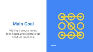 Confidential & ProprietaryConfidential & Proprietary
Main Goal
Highlight programming
techniques and illustrate the
need for functions.
 