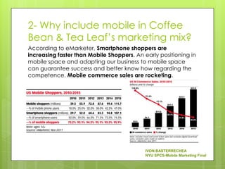 2- Why include mobile in Coffee
Bean & Tea Leaf’s marketing mix?
According to eMarketer, Smartphone shoppers are
increasing faster than Mobile Shoppers. An early positioning in
mobile space and adapting our business to mobile space
can guarantee success and better know how regarding the
competence. Mobile commerce sales are rocketing.




                                            IVON BASTERRECHEA
                                            NYU SPCS-Mobile Marketing Final
 