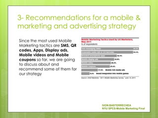 3- Recommendations for a mobile &
marketing and advertising strategy
Since the most used Mobile
Marketing tactics are SMS, QR
codes, Apps, Display ads,
Mobile videos and Mobile
coupons so far, we are going
to discuss about and
recommend some of them for
our strategy




                                IVON BASTERRECHEA
                                NYU SPCS-Mobile Marketing Final
 
