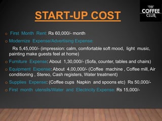 START-UP COST
o First Month Rent: Rs 60,000/- month
o Modernize Expense/Advertising Expense:
Rs 5,45,000/- (impression: calm, comfortable soft mood, light music,
painting make guests feel at home)
o Furniture Expense: About 1,30,000/- (Sofa, counter, tables and chairs)
o Equipment Expense: About 4,00,000/- (Coffee machine , Coffee mill, Air
conditioning , Stereo, Cash registers, Water treatment)
o Supplies Expense: (Coffee cups Napkin and spoons etc) Rs 50,000/-
o First month utensils/Water and Electricity Expense: Rs 15,000/-
 