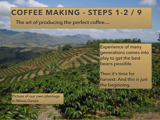 COFFEE MAKING - STEPS 1-2 / 9
The art of producing the perfect coffee…
Experience of many
generations comes into
play to get the best
beans possible.
Then it’s time for
harvest: And this is just
the beginning.
Picture of our own plantage
in Minas Gerais
 