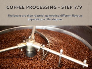 COFFEE PROCESSING - STEP 7/9
The beans are then roasted, generating different flavours
depending on the degree.
 