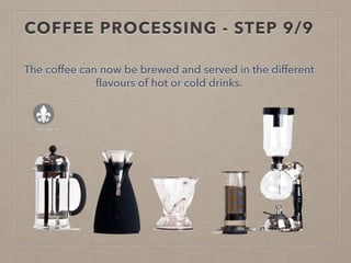 COFFEE PROCESSING - STEP 9/9
The coffee can now be brewed and served in the different
flavours of hot or cold drinks.
 
