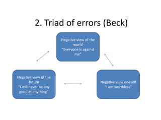 2. Triad of errors (Beck)
                       Negative view of the
                              world
                       “Everyone is against
                              me”




Negative view of the
        future                                Negative view oneself
“I will never be any                            “I am worthless”
 good at anything”
 