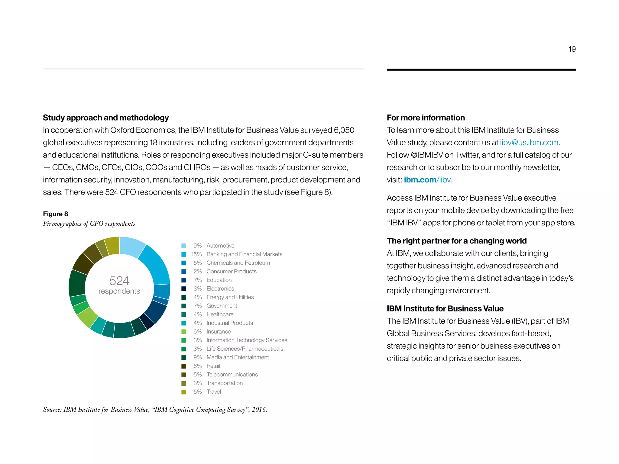 For more information
To learn more about this IBM Institute for Business
Value study, please contact us at iibv@us.ibm.com.
Follow @IBMIBV on Twitter, and for a full catalog of our
research or to subscribe to our monthly newsletter,
visit: ibm.com/iibv.
Access IBM Institute for Business Value executive
reports on your mobile device by downloading the free
“IBM IBV” apps for phone or tablet from your app store.
The right partner for a changing world
At IBM, we collaborate with our clients, bringing
together business insight, advanced research and
technology to give them a distinct advantage in today’s
rapidly changing environment.
IBM Institute for Business Value
The IBM Institute for Business Value (IBV), part of IBM
Global Business Services, develops fact-based,
strategic insights for senior business executives on
critical public and private sector issues.
524
respondents
Automotive
Banking and Financial Markets
Chemicals and Petroleum
Consumer Products
Education
Electronics
Energy and Utilities
Government
Healthcare
Industrial Products
Insurance
Information Technology Services
Life Sciences/Pharmaceuticals
Media and Entertainment
Retail
Telecommunications
Transportation
Travel
9%
15%
5%
2%
7%
3%
4%
7%
4%
4%
6%
3%
3%
9%
6%
5%
3%
5%
CFO survey ﬁrmographics
Study approach and methodology
In cooperation with Oxford Economics, the IBM Institute for Business Value surveyed 6,050
global executives representing 18 industries, including leaders of government departments
and educational institutions. Roles of responding executives included major C-suite members
— CEOs, CMOs, CFOs, CIOs, COOs and CHROs — as well as heads of customer service,
information security, innovation, manufacturing, risk, procurement, product development and
sales. There were 524 CFO respondents who participated in the study (see Figure 8).
Source: IBM Institute for Business Value, “IBM Cognitive Computing Survey”, 2016.
Figure 8
Firmographics of CFO respondents
19
 