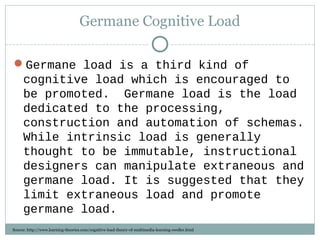 Germane Cognitive Load
Germane load is a third kind of
cognitive load which is encouraged to
be promoted. Germane load is the load
dedicated to the processing,
construction and automation of schemas.
While intrinsic load is generally
thought to be immutable, instructional
designers can manipulate extraneous and
germane load. It is suggested that they
limit extraneous load and promote
germane load.
Source: http://www.learning-theories.com/cognitive-load-theory-of-multimedia-learning-sweller.html
 