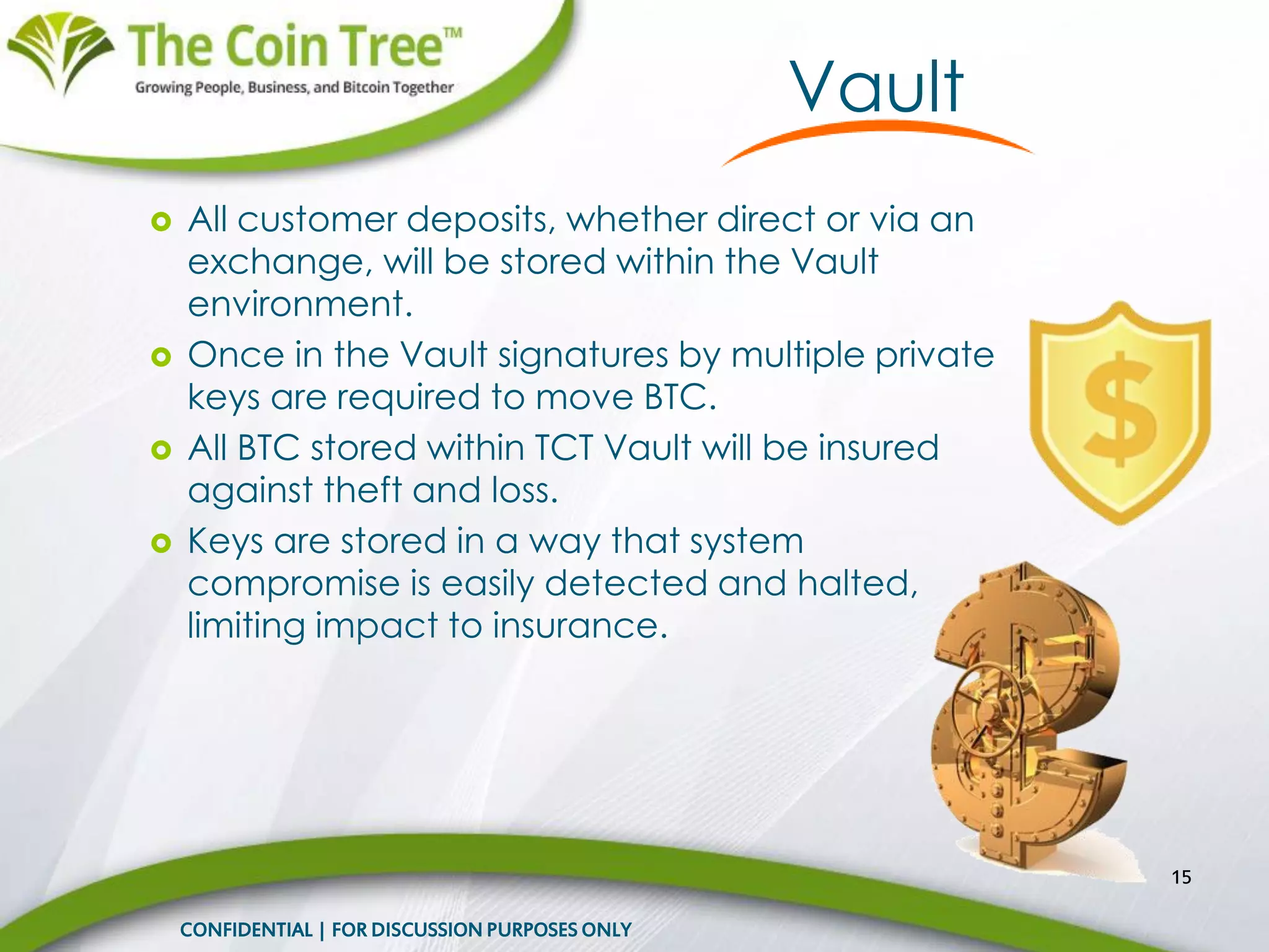  All customer deposits, whether direct or via an
exchange, will be stored within the Vault
environment.
 Once in the Vault signatures by multiple private
keys are required to move BTC.
 All BTC stored within TCT Vault will be insured
against theft and loss.
 Keys are stored in a way that system
compromise is easily detected and halted,
limiting impact to insurance.
15
CONFIDENTIAL | FOR DISCUSSION PURPOSES ONLY
Vault
 