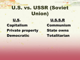 U.S. vs. USSR (Soviet
          Union)
   U.S.              U.S.S.R
Capitalism         Communism
Private property   State owns
Democratic         Totalitarian
 