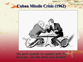 Cuban Missile Crisis (1962)




We went eyeball-to-eyeball with the
Russians, and the other man blinked!
 