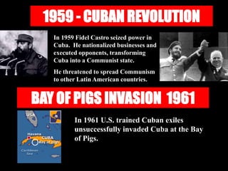 1959 - CUBAN REVOLUTION
   In 1959 Fidel Castro seized power in
   Cuba. He nationalized businesses and
   executed opponents, transforming
   Cuba into a Communist state.
   He threatened to spread Communism
   to other Latin American countries.


BAY OF PIGS INVASION 1961
          In 1961 U.S. trained Cuban exiles
          unsuccessfully invaded Cuba at the Bay
          of Pigs.
 