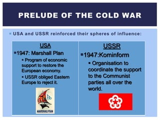  USA and USSR reinforced their spheres of influence:
PRELUDE OF THE COLD WAR
USA
1947: Marshall Plan
 Program of economic
support to restore the
European economy.
 USSR obliged Eastern
Europe to reject it.
USSR
1947:Kominform
 Organisation to
coordinate the support
to the Communist
parties all over the
world.
 