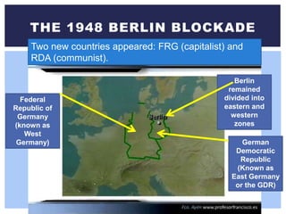 THE 1948 BERLIN BLOCKADE
Federal
Republic of
Germany
(known as
West
Germany) German
Democratic
Republic
(Known as
East Germany
or the GDR)
Berlin
remained
divided into
eastern and
western
zones
Two new countries appeared: FRG (capitalist) and
RDA (communist).
 