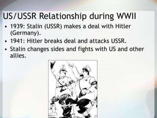 US/USSR Relationship during WWII
• 1939: Stalin (USSR) makes a deal with Hitler
(Germany).
• 1941: Hitler breaks deal and attacks USSR.
• Stalin changes sides and fights with US and other
allies.
 
