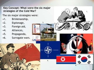 Key Concept: What were the six major
strategies of the Cold War?
The six major strategies were:
•1. Brinkmanship,
•2. Espionage,
•3. Foreign aid,
•4. Alliances,
•5. Propaganda,
•6. Surrogate wars.
2.
3.
4.
5.
6.
1.
 