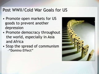 Post WWII/Cold War Goals for US
• Promote open markets for US
goods to prevent another
depression
• Promote democracy throughout
the world, especially in Asia
and Africa
• Stop the spread of communism
–“Domino Effect”
 