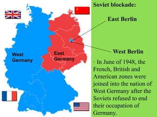 · In June of 1948, the
French, British and
American zones were
joined into the nation of
West Germany after the
Soviets refused to end
their occupation of
Germany.
Soviet blockade:
West
Germany
East
Germany
West Berlin
East Berlin
 