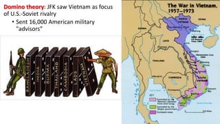 Domino theory: JFK saw Vietnam as focus
of U.S.-Soviet rivalry
• Sent 16,000 American military
"advisors”
 