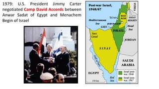 1979: U.S. President Jimmy Carter
negotiated Camp David Accords between
Anwar Sadat of Egypt and Menachem
Begin of Israel
 