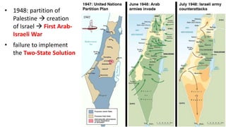 • 1948: partition of
Palestine  creation
of Israel  First Arab-
Israeli War
• failure to implement
the Two-State Solution
 