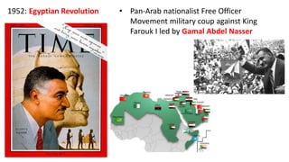 1952: Egyptian Revolution • Pan-Arab nationalist Free Officer
Movement military coup against King
Farouk I led by Gamal Abdel Nasser
 