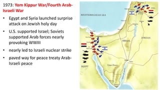 1973: Yom Kippur War/Fourth Arab-
Israeli War
• Egypt and Syria launched surprise
attack on Jewish holy day
• U.S. supported Israel; Soviets
supported Arab forces nearly
provoking WWIII
• nearly led to Israeli nuclear strike
• paved way for peace treaty Arab-
Israeli peace
 