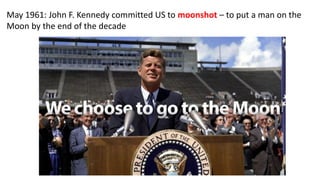 May 1961: John F. Kennedy committed US to moonshot – to put a man on the
Moon by the end of the decade
 