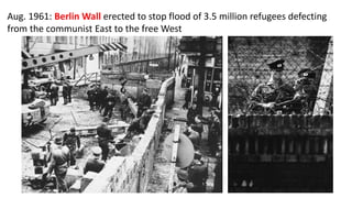 Aug. 1961: Berlin Wall erected to stop flood of 3.5 million refugees defecting
from the communist East to the free West
 