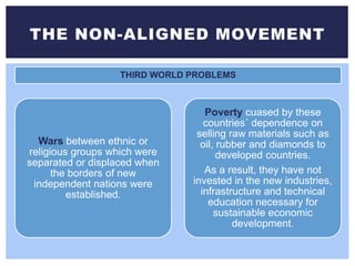 THE NON-ALIGNED MOVEMENT
THIRD WORLD PROBLEMS
Wars between ethnic or
religious groups which were
separated or displaced when
the borders of new
independent nations were
established.
Poverty cuased by these
countries´ dependence on
selling raw materials such as
oil, rubber and diamonds to
developed countries.
As a result, they have not
invested in the new industries,
infrastructure and technical
education necessary for
sustainable economic
development.
 