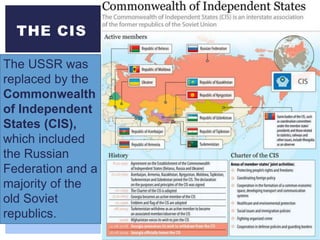 THE CIS
The USSR was
replaced by the
Commonwealth
of Independent
States (CIS),
which included
the Russian
Federation and a
majority of the
old Soviet
republics.
 