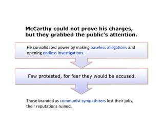 McCarthy could not prove his charges,
but they grabbed the public’s attention.
He consolidated power by making baseless allegations and
opening endless investigations.

Few protested, for fear they would be accused.

Those branded as communist sympathizers lost their jobs,
their reputations ruined.

 