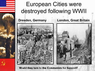 European Cities were
destroyed following WWII
Dresden, Germany

London, Great Britain

Would they turn to the Communists for Support?

 