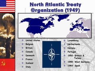 North Atlantic Treaty
Organization (1949)

 United States

 Luxemburg

 Belgium

 Netherlands

 Britain

 Norway

 Canada

 Portugal

 Denmark

 1952: Greece &
Turkey

 France
 Iceland
 Italy

 1955: West Germany
 1983: Spain

 