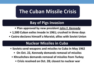 The Cuban Missile Crisis
Bay of Pigs Invasion
• Plan approved by new president John F. Kennedy
• 1,500 Cuban exiles invade in 1961; crushed in three days
• Castro declares himself a Marxist; allies with Soviet Union
Nuclear Missiles in Cuba
• Soviets send weapons and missiles to Cuba in May 1962
• On Oct. 22, Kennedy demands removal of missiles
• Khrushchev demands removal of missiles from Turkey
• Crisis resolved on Oct. 28; closest to nuclear war
 