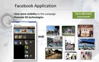 Facebook Application
• Give more visibility to the campaign
• Promote DS technologies
Up to 500 active
users/month
 