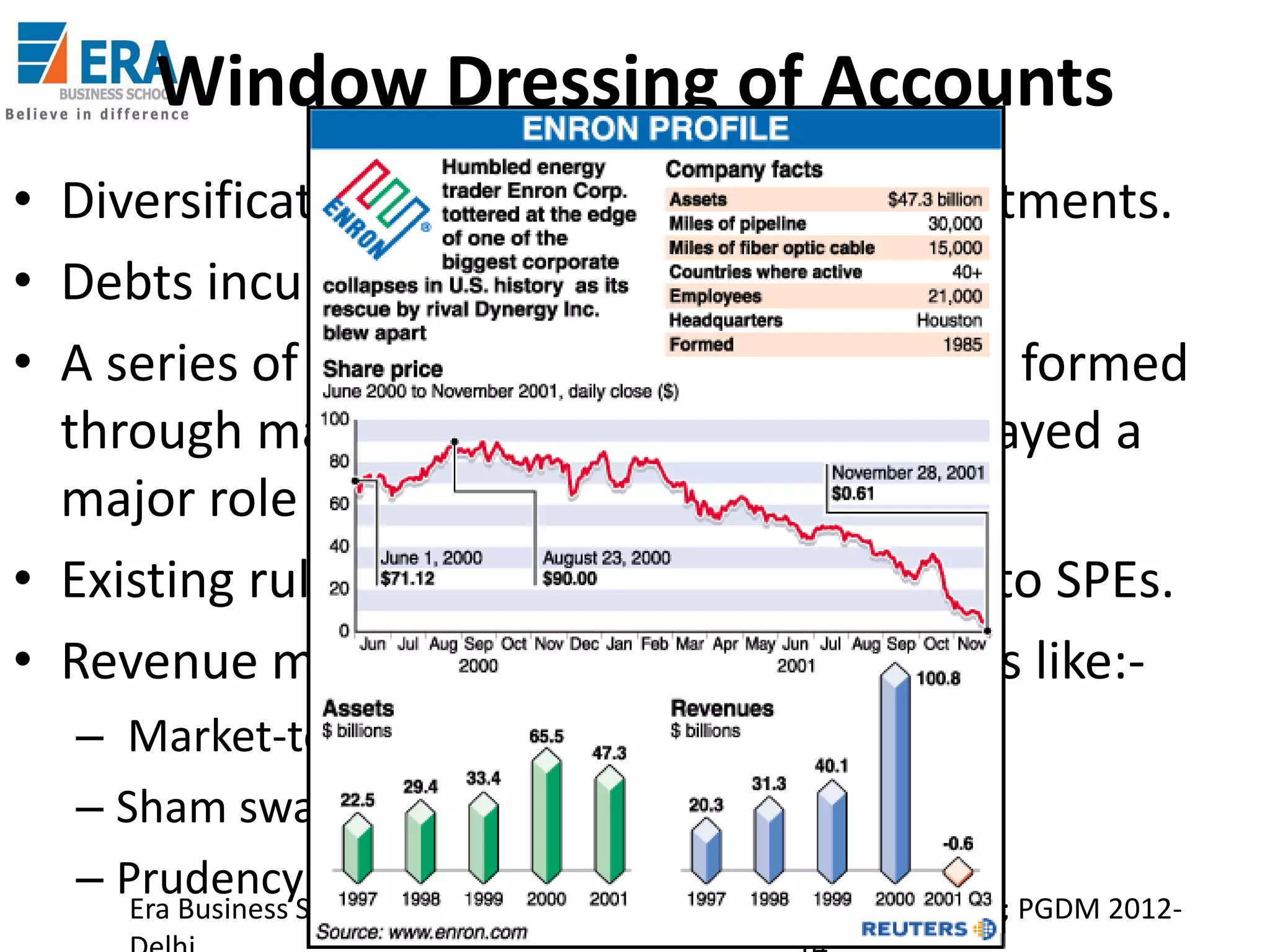 Window Dressing of Accounts
• Diversification involved high capital investments.
• Debts incurred; credibility at stake.
• A series of Special Purpose Entities (SPEs) formed
through manipulation; CFO Mr Fastow played a
major role in such deals.
• Existing rules violated; debts transferred to SPEs.
• Revenue manipulated by misusing clauses like:– Market-to-Market Accounting
– Sham swaps
– Prudency Accounting.
Era Business School, New

AJ/ Ajay K Raina; PGDM 2012-

 