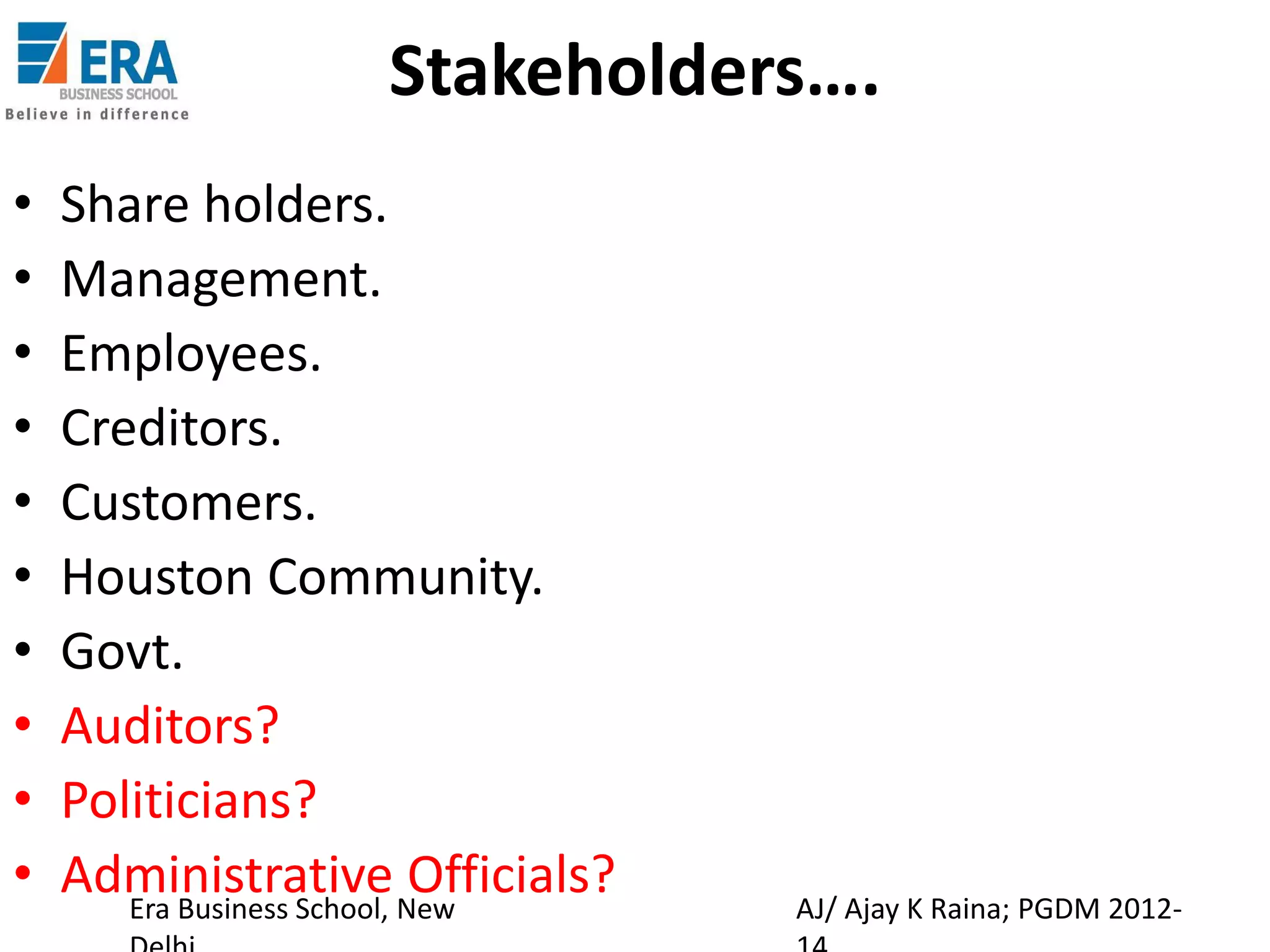 Stakeholders….
•
•
•
•
•
•
•
•
•
•

Share holders.
Management.
Employees.
Creditors.
Customers.
Houston Community.
Govt.
Auditors?
Politicians?
Administrative New
Officials?
Era Business School,

AJ/ Ajay K Raina; PGDM 2012-

 