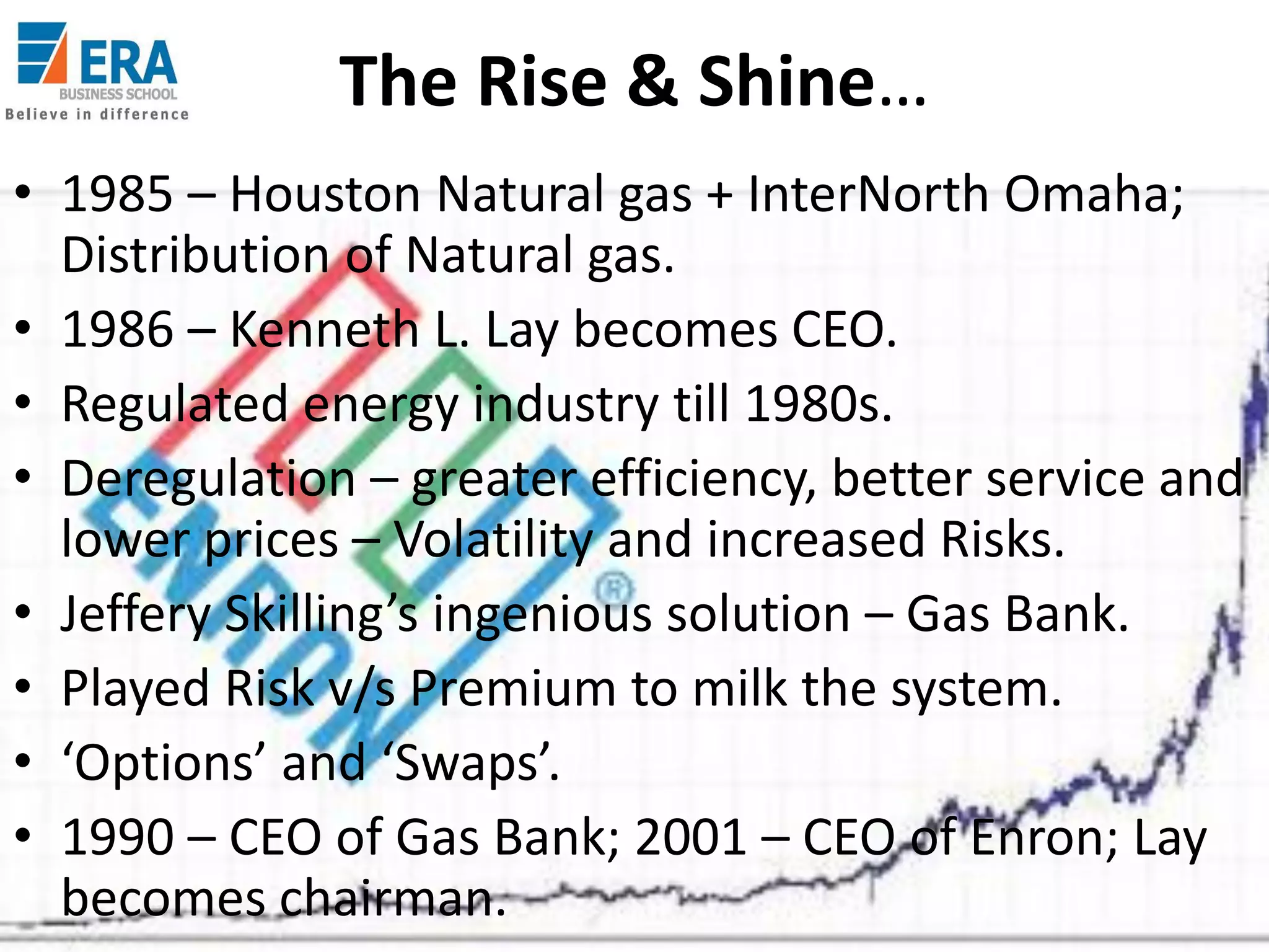 The Rise & Shine…
• 1985 – Houston Natural gas + InterNorth Omaha;
Distribution of Natural gas.
• 1986 – Kenneth L. Lay becomes CEO.
• Regulated energy industry till 1980s.
• Deregulation – greater efficiency, better service and
lower prices – Volatility and increased Risks.
• Jeffery Skilling’s ingenious solution – Gas Bank.
• Played Risk v/s Premium to milk the system.
• ‘Options’ and ‘Swaps’.
• 1990 – CEO of Gas Bank; 2001 – CEO of Enron; Lay
becomes chairman.
Era Business School, New
AJ/ Ajay K Raina; PGDM 2012-

 