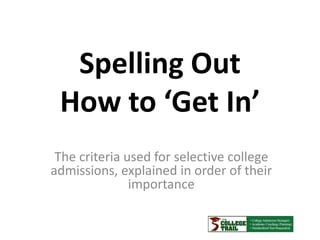 Spelling OutHow to ‘Get In’ The criteria used for selective college admissions, explained in order of their importance 