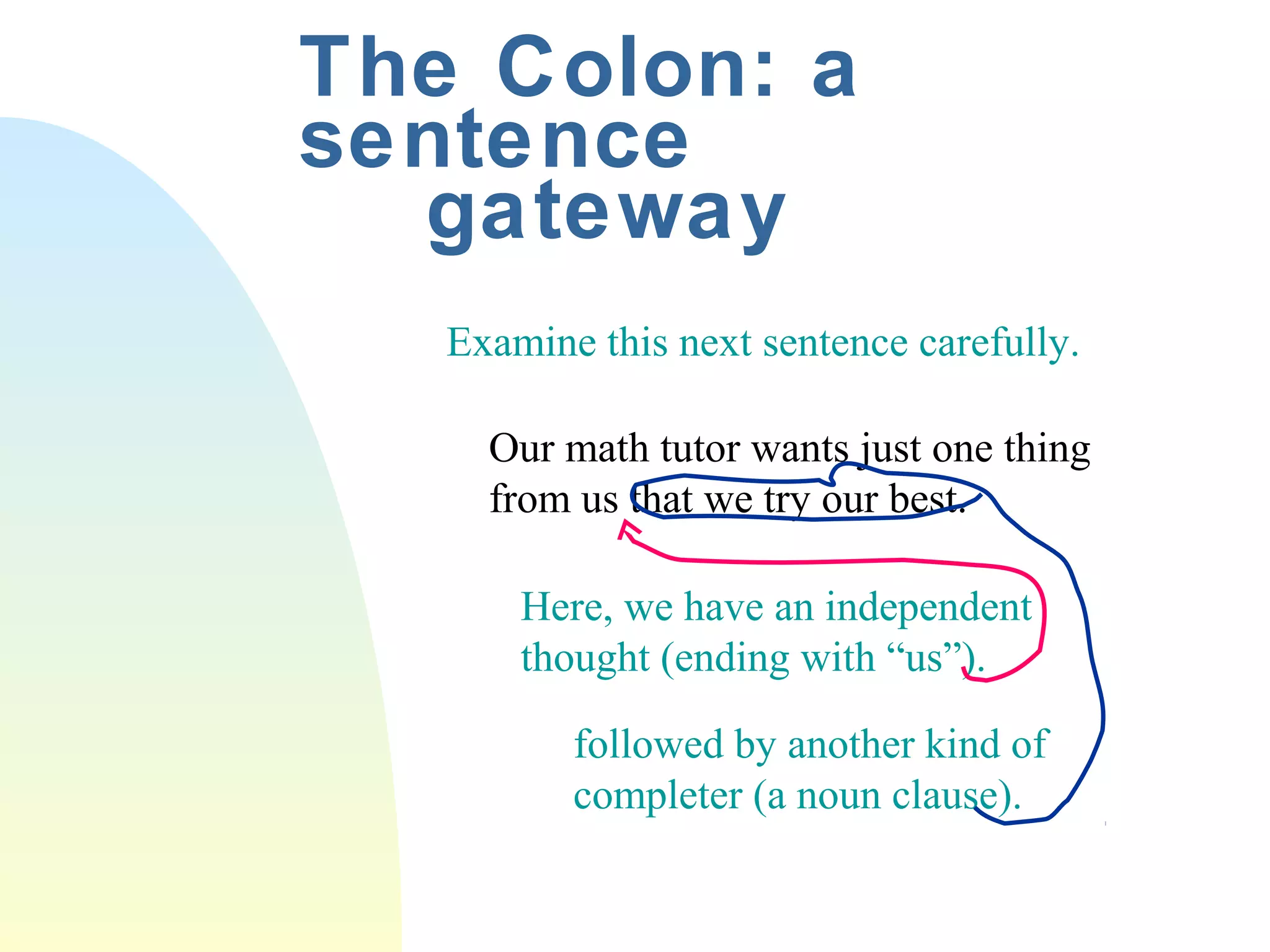 The Colon: a 
sentence 
gateway 
Examine this next sentence carefully. 
Our math tutor wants just one thing 
from us that we try our best. 
Here, we have an independent 
thought (ending with “us”). 
followed by another kind of 
completer (a noun clause). 
 