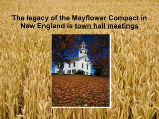 The legacy of the Mayflower Compact in New England is  town hall meetings 