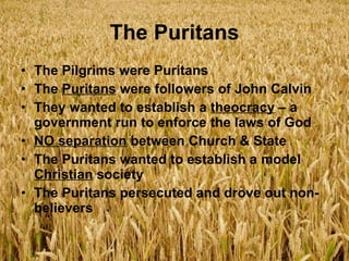 The Puritans The Pilgrims were Puritans The  Puritans  were followers of John Calvin They wanted to establish a  theocracy  – a government run to enforce the laws of God NO separation  between Church & State The Puritans wanted to establish a model  Christian  society The Puritans persecuted and drove out non-believers 