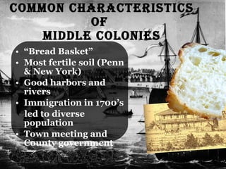 Common Characteristics of  Middle Colonies “ Bread Basket” Most fertile soil (Penn & New York) Good harbors and rivers Immigration in 1700’s led to diverse population Town meeting and County government 