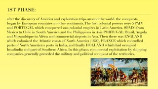 1ST PHASE:
after the discovery of America and exploration trips around the world, the conquests
began by European countries in other continents.The ﬁrst colonial powers were SPAIN
and PORTUGAL which conquered vast colonial empires in Latin America. SPAIN: from
Mexico to Chile in South America and the Philippines in Asia PORTUGAL: Brazil, Angola
and Mozambique in Africa and commercial airports in Asia.Then there was ENGLAND
which colonized the Atlantic coasts of North America (1620), FRANCE which controlled
parts of North America's ports in India, and ﬁnally HOLLAND which had occupied
Insulindia and part of Southern Africa. In this phase, commercial exploitation by shipping
companies generally preceded the military and political conquest of the territories.
 