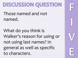 	The Color Purple is a piece of text that includes very touchy subjects. Unlike many other books at the time, the Color Purple brings these issues into the spotlight rather than sweep them under the rug. As Cornish argues, “Walker was always aware of the problems of personal relations of her men and women and sought to understand rather than excuse or ignore, them.” The Color Purple touches on hardships many African Americans encountered, such as sexism, lesbianism, rape and religion. This book is also unique in its characteristic that racism isn’t as dominating as several other works categorized as African American Literature. Here , the characters confront one another, all of the same race. It is a very feministic novel and is written to not only show the hardships of African Americans, but African American women specifically.